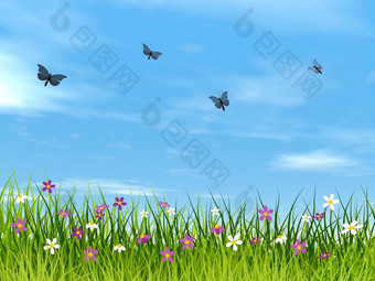 蓝色的蝴蝶飞行在草地一天渲染蓝色的蝴蝶飞行在草地渲染