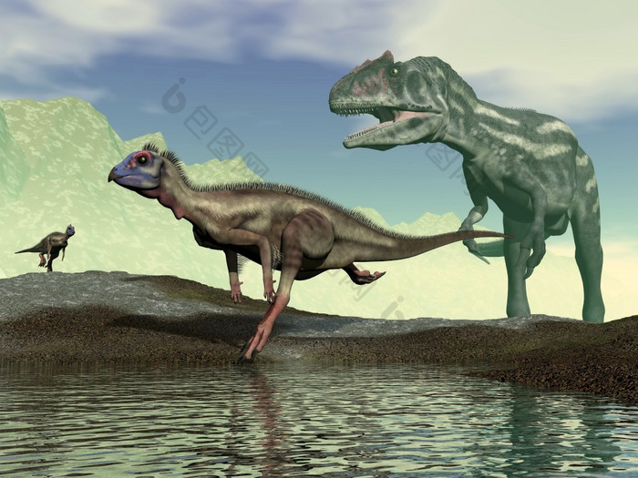 hypsilophodon恐龙逃离从异特龙一天渲染hypsilophodon恐龙逃离从异特龙渲染