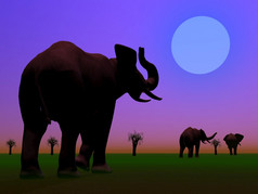 阴影三个大象站之间的猴面包树的萨凡纳晚上与月亮大象的萨凡纳晚上渲染
