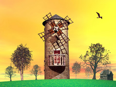老风车的农村在树和下一个小房子日落老风机渲染