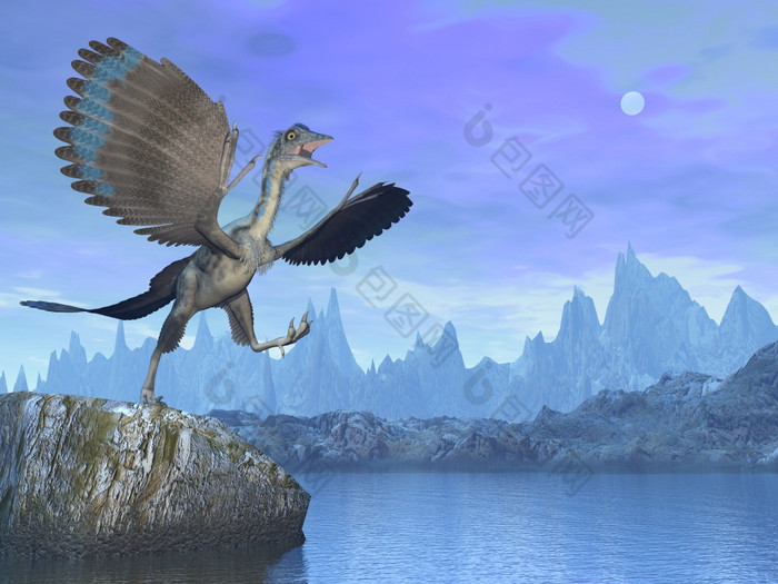 “始祖鸟”史前鸟恐龙下一个的水晚上渲染“始祖鸟”史前鸟恐龙渲染