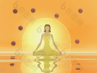 女人冥想泡沫保护从电晕科维德病毒橙色日落渲染女人冥想保护从电晕科维德病毒渲染