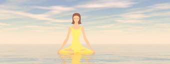 年轻的女人冥想和平在水日落光渲染女人冥想渲染