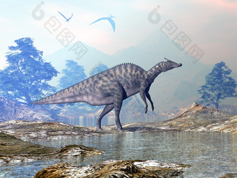 saurolophus恐龙走美丽的景观与山和水日落渲染saurolophus恐龙走渲染