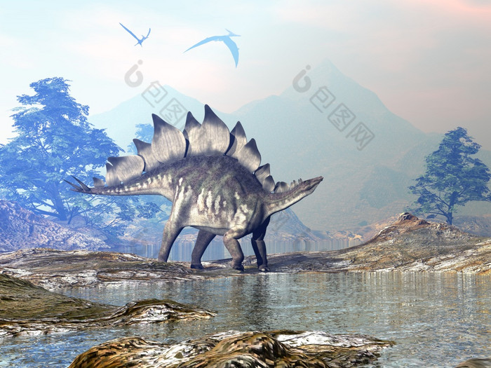 剑龙恐龙走美丽的景观与山和水日落渲染剑龙恐龙走渲染