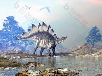 剑龙恐龙走美丽的景观与山和水日落渲染剑龙恐龙走渲染