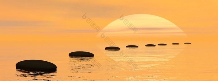 Zen路径黑色的石头在水日落渲染Zen路径黑色的石头日落渲染