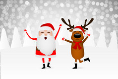 圣诞老人老人和有趣的驯鹿冬天森林山波他们的手和问候圣诞老人老人和有趣的驯鹿冬天森林山波他们的手