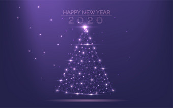 圣诞节树框架明亮的光从粒子受欢迎的紫色的背景象征快乐新一年快乐圣诞节假期庆祝活动低多边形网艺术向量插图