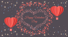 快乐情人节一天2月两个红色的彩色的心的形式气球五彩缤纷的粒子灯背景爱和浪漫象征婚礼礼物假期向量形状插图
