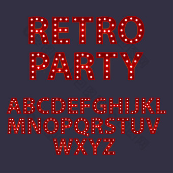 复古的聚会，派对集红色的字母从英语信与发光的发光的灯泡美国广播公司向量排版单词设计模板类型字体。为海报