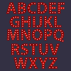 集红色的字母从英语信与发光的发光的灯泡美国广播公司向量排版单词设计模板类型字体。为海报