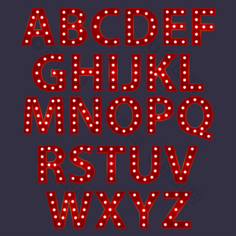 集红色的字母从英语信与发光的发光的灯泡美国广播公司向量排版单词设计<strong>模板</strong>类型<strong>字体</strong>。为海报