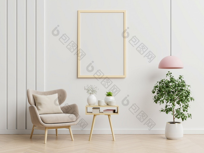 海报模型与垂直帧空白色墙生活房间室内与蓝色的天鹅绒扶手椅呈现