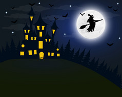 万圣节的女巫房子的完整的月亮蝙蝠和老奶奶飞天扫帚万圣节的女巫房子的完整的月亮蝙蝠和老