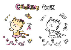 可爱的卡通芭蕾舞舞者猫着色书与小猫孤立的白色背景向量插图