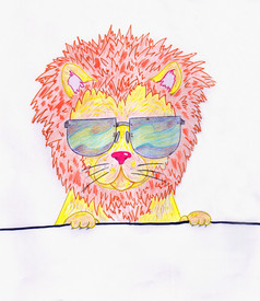 手画狮子与空白纸横幅穿太阳镜铅笔艺术