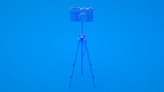 照片工作室概念相机和三脚架蓝色的背景插图照片工作室概念相机和三脚架蓝色的背景插图
