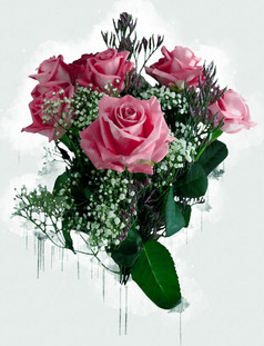 花束粉红色的红色的玫瑰美丽的豪华的花画水彩风格艺术李子开花花插图摘要帆布绘画完整的浪漫使用为婚礼装饰