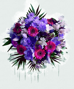 花束紫色的粉红色紫罗兰色的花美丽的豪华的花画水彩风格艺术李子开花花插图摘要帆布绘画完整的浪漫婚礼装饰