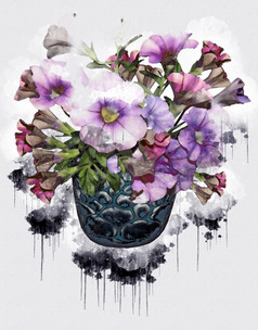 色彩斑斓的花束花花瓶美丽的豪华的花画水彩风格艺术李子开花花插图摘要帆布绘画完整的浪漫使用婚礼装饰
