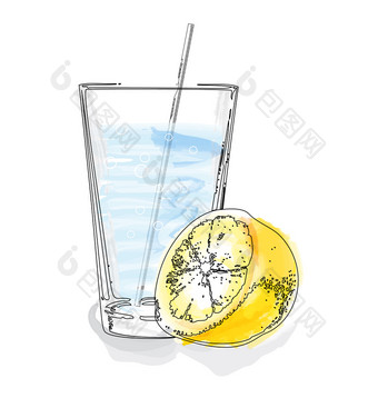 色彩斑斓的复古的插图玻璃和柠檬一半水彩风格复古的插图水彩风格