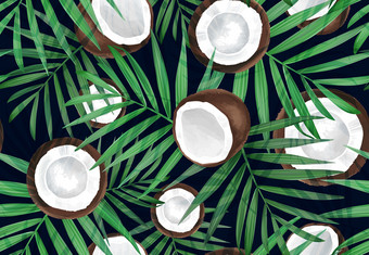 向量无缝的模式与椰子热带背景与异国情调的水果夏天插图椰子所有在打印棕榈叶状体热带叶子丛林植物向量无缝的模式与椰子热带背景与异国情调的水果夏天插图