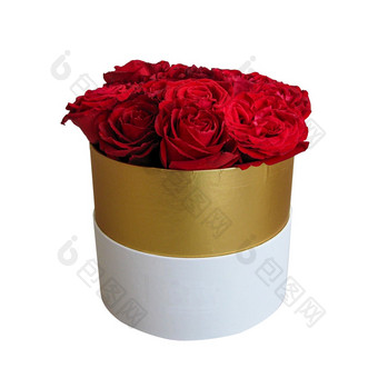 浪漫的奢侈品红色的玫瑰花束白色和黄金轮礼物盒子孤立的白色背景红色的玫瑰花束白色和黄金轮礼物盒子