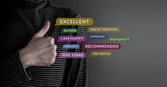 客户经验概念快乐客户端给优秀的服务评级为满意度拇指象征最好的经历产品和服务