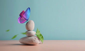和谐生活概念超现实主义蝴蝶的卵石石头堆栈比喻平衡自然和技术平静心生活放松和生活自然