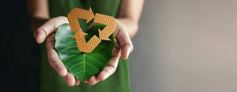 绿色能源环境、社会和治理可再生和可持续发展的资源环境和生态哪概念关闭手持有回收图标和绿色叶