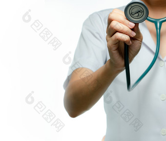 亚洲医生护士穿白色礼服统一的与听诊器医疗保健专业手持有听诊器为健康检查概念健康保险和医疗医疗保健专业知识医生