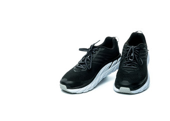 一对新运行鞋子孤立的白色背景黑色的运动鞋<strong>透气</strong>织物体育运动鞋子与高磨损橡胶外底鞋子健身房教练光和<strong>舒适</strong>的运行鞋子