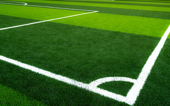 绿色草足球场空人工的地盘足球场与白色行视图从的角落里足球场体育运动背景