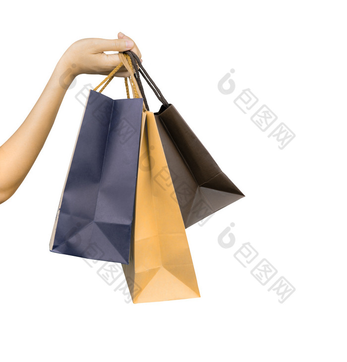 女人携带纸购物袋孤立的白色背景成人女人手持有三个购物袋与蓝色的和棕色（的）颜色客户和购物袋黑色的星期五概念消费主义