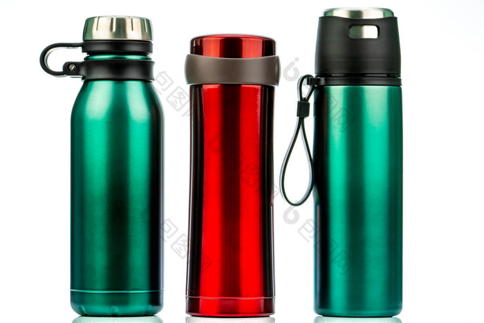 热水瓶瓶孤立的白色背景咖啡茶可重用的瓶容器热水瓶旅行滚筒绝缘喝容器红色的和绿色不锈钢钢热水瓶水瓶零浪费