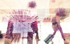 病毒形状渲染模糊人走的机场旅行在病毒爆发旅游与行李走国际机场航空公司乘客与行李假期旅行在国外