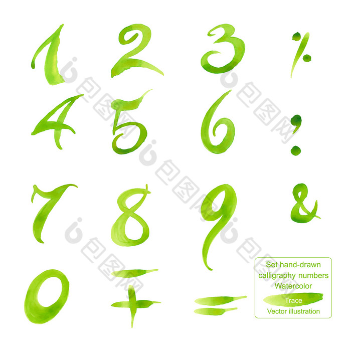 集手绘书法数字和符号水彩跟踪孤立的白色插图集手绘书法数字和符号水彩