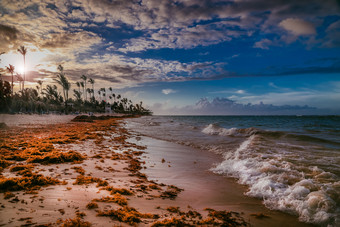 景观天堂热带岛海滩日落拍摄对的太阳令人惊异的日落光高峰卡纳海滩与休息室椅子雨伞和手掌日落在的海滩难以置信的日落热带岛的海洋