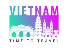 越南著名的具有里程碑意义的轮廓风格向量插图梯度霓虹灯色彩斑斓的设计