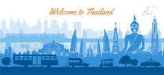 泰国著名的具有里程碑意义的风景设计蓝色的颜色轮廓设计向量插图
