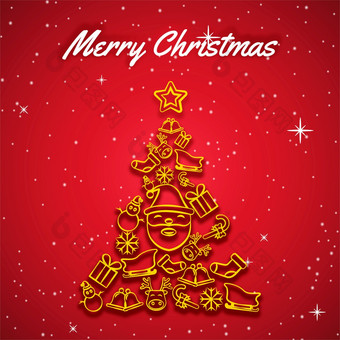 黄色的圣诞节图标安排圣诞节树下面白色文本和前面红色的背景在星星向量插图