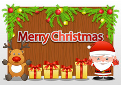 黄色的礼物盒子之间的圣诞老人老人和驯鹿后面木董事会和圣诞节分支装修与球卡通版本向量插图