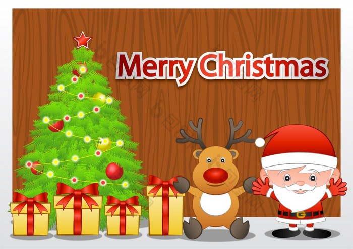 黄色的礼物盒子附近的圣诞老人老人和驯鹿后面是树木董事会和圣诞节分支装修与球卡通版本向量插图