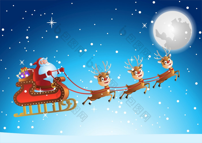 圣诞老人老人飞天空圣诞节晚上发送礼物人向量插图