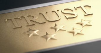 插图的词信任和五个星星在金背景值得信赖的公司概念金标志与五个星星