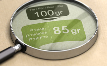 插图放大玻璃在蛋白质标签高蛋白饮食概念高蛋白饮食