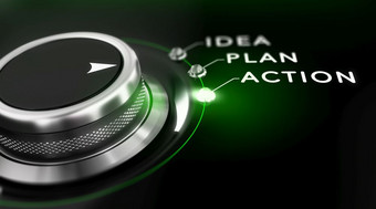 开关按钮定位的词行动黑色的背景和绿色光概念上的图像为插图业务行动计划行动计划