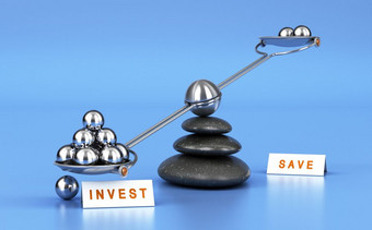 跷跷板与金属球在蓝色的背景概念投资与储蓄钱投资者概念