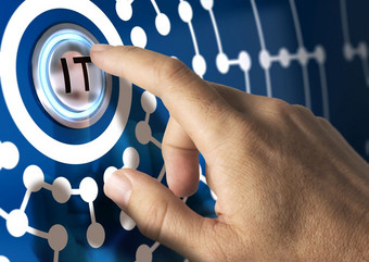 手指紧迫的按钮与网络插图周围蓝色的音调信息技术概念信息技术